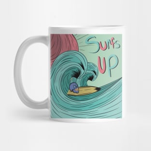 Skull on a surf board riding a wave Mug